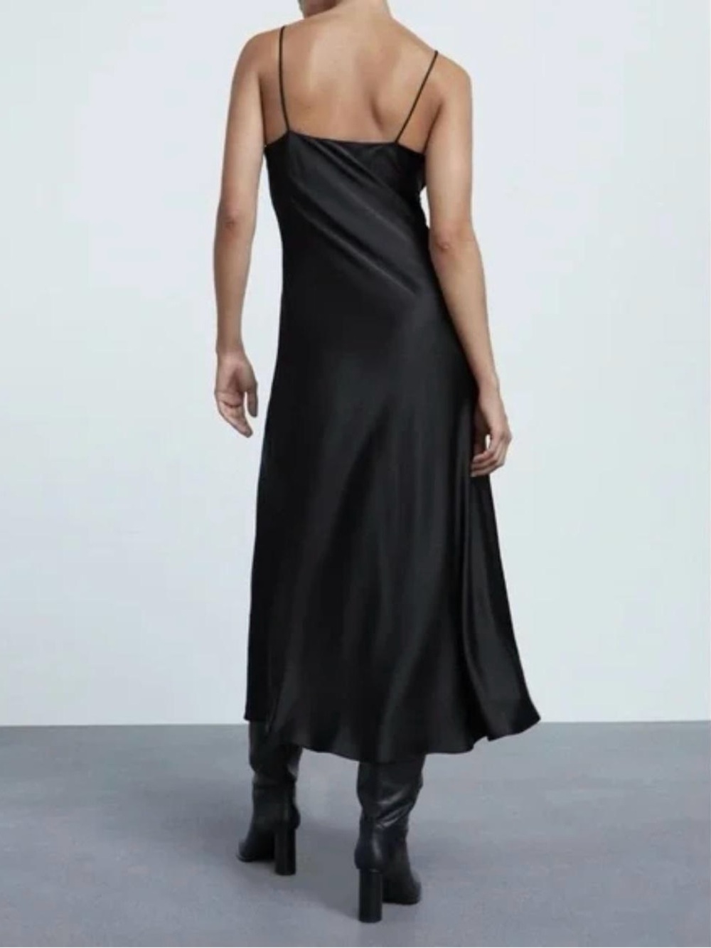 Zara Black Satin Slip Midi Dress Button Detail Side Slit Size L Chic - Picture 2 of 4